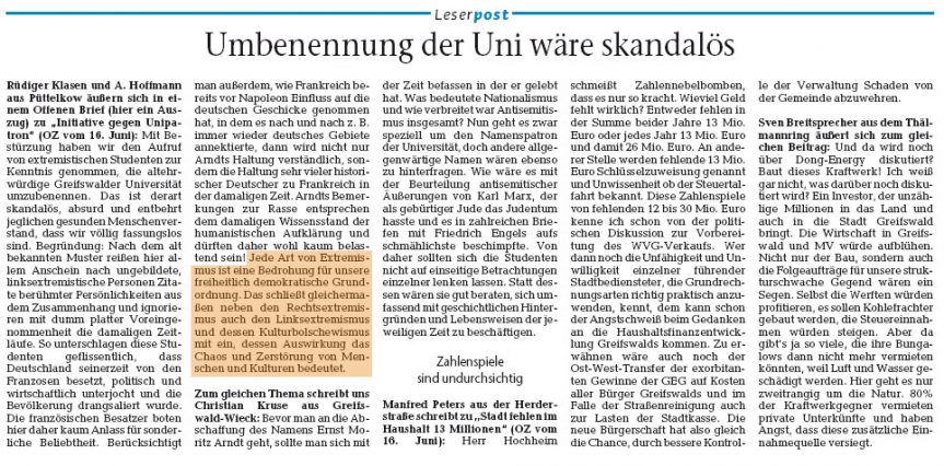 Ostsee Zeitung veröffentlicht offenen Brief von verurteiltem früheren Neonazi
